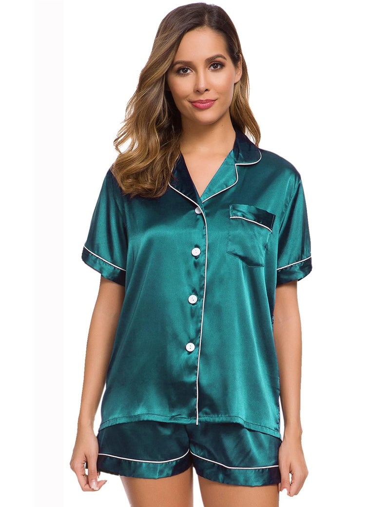 SWOMOG Pajamas Set Short Sleeve Sleepwear Womens Button Down Nightwear Soft Pj Lounge Sets Green - Image 2